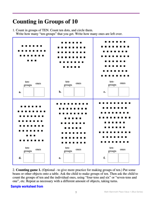 Counting In Groups Of Ten Math Practice Sheets Printable pdf