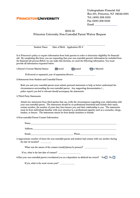 2015-16 Princeton University Non-Custodial Parent Waiver Request Printable pdf