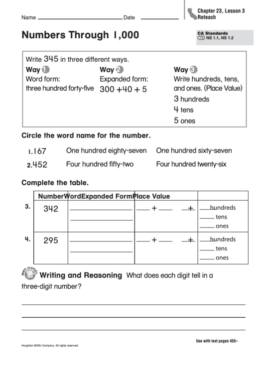 Numbers Through 1,000 Worksheet Printable pdf