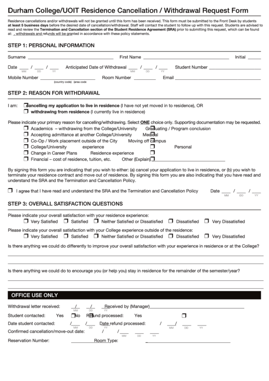 Fillable Cancellation Withdrawal Request Form - Durham College Residence Printable pdf