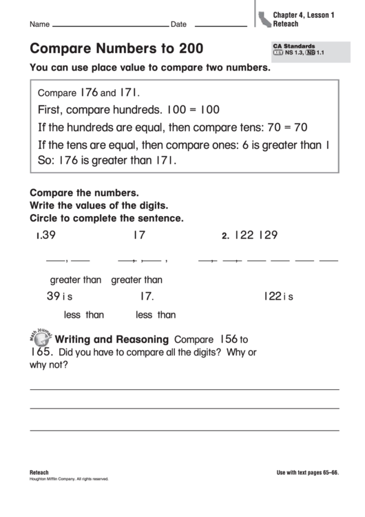 Compare Numbers To 200 Worksheet