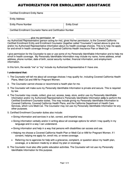 Fillable Applicant Authorization For Enrollment Assistance Printable pdf