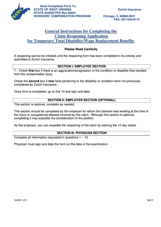 Form Sawc-125 - General Instructions For Completing The Claim Reopening Application For Temporary Total Disability/wage Replacement Benefits Printable pdf