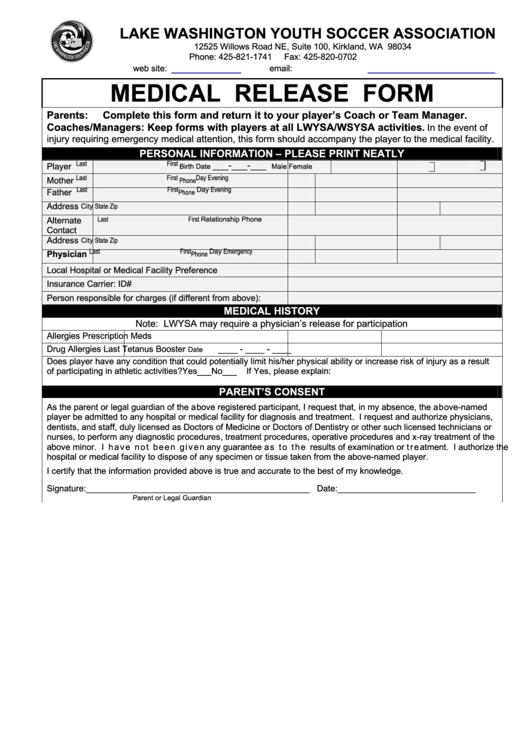 Medical Release Form - Lake Washington Youth Soccer Association