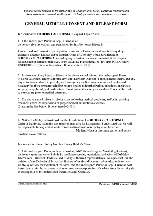 Medical Consent And Release Form - Southern California Jurisdiction