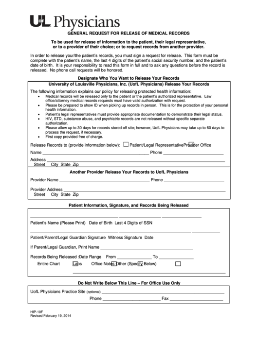 General Request For Release Of Medical Uofl Physicians Printable pdf