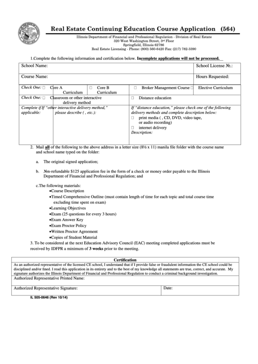 Real Estate Continuing Education Course Application Printable pdf