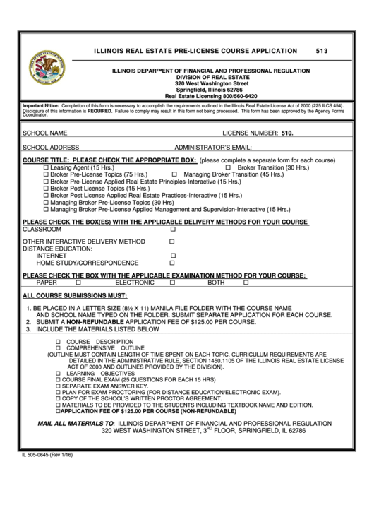 Il 505-0645 - Illinois Real Estate Pre-License Course Application Printable pdf