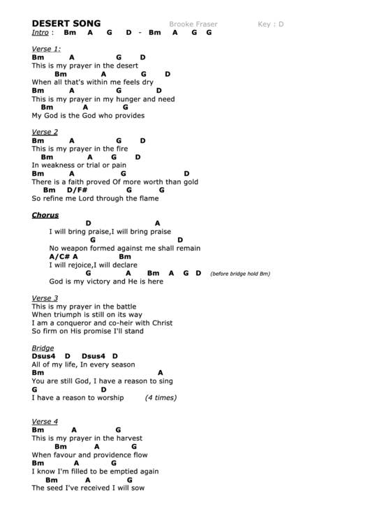 Desert Song - Brooke Fraser (Key Of D) Printable pdf