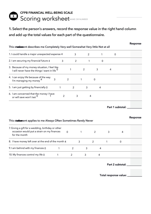 Scoring Worksheet - Financial Well-Being Scale Printable pdf
