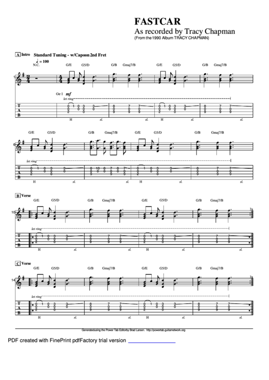Fast Car Guitar Alliance printable pdf download