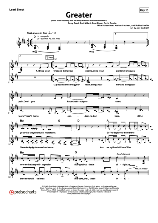 Greater Mercy Me Lead Sheet Piano Vocal Printable pdf