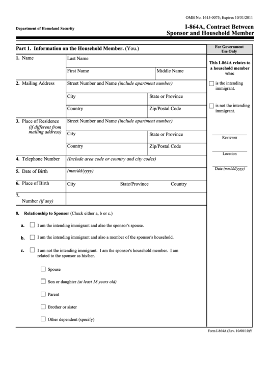 Fillable Form I-864a (Rev. 10/08/10) - Contract Between Sponsor And Household Member Template Printable pdf