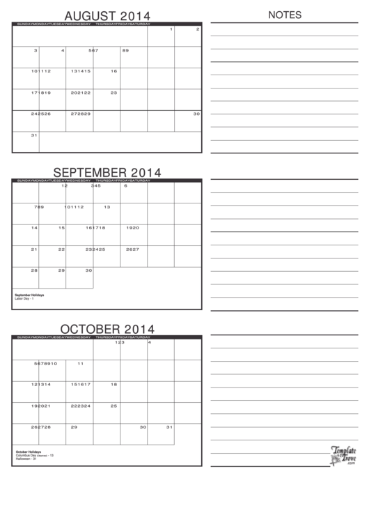 August, September & October 2014 Calendar Template Printable pdf