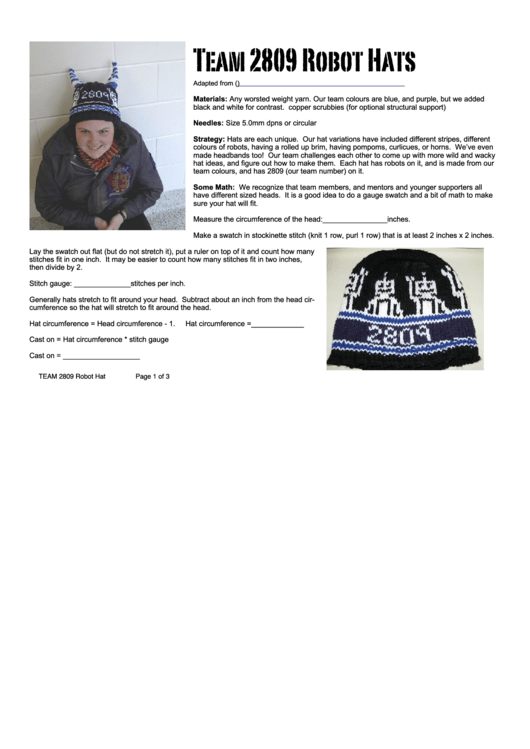 Team 2809 Robot Hats Knitting Pattern Printable pdf
