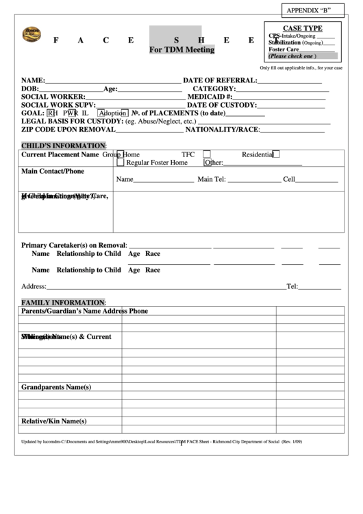 Face Sheet - Virginia Department Of Social Services Printable pdf