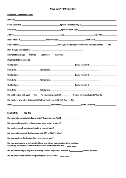 Tax Client Questionnaire Printable pdf
