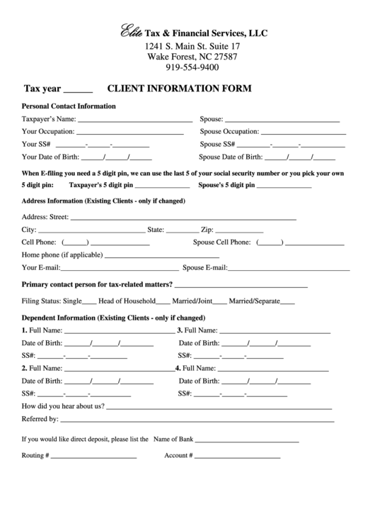 Client Information Form Printable pdf