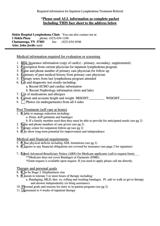 Required Information For Inpatient Lymphedema Treatment Referral Printable pdf