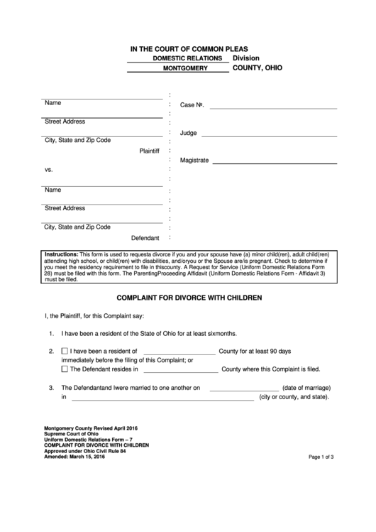 Complaint For Divorce With Children Printable pdf