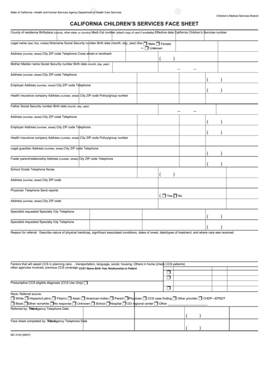 California Childrens Services Face Sheet
