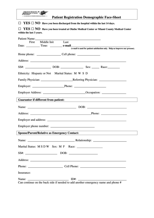 Patient Registration Demographic Face Sheet - Olathe Medical Center Printable pdf