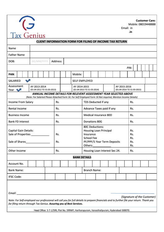 Client Information Form For Filing Of Income Tax Return Printable pdf
