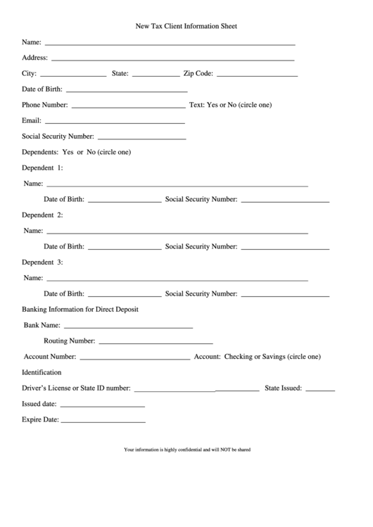 Printable Tax Client Information Sheet Template