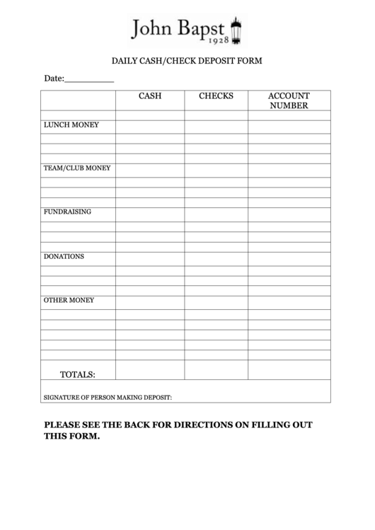 Daily Cash Check Deposit Form Printable pdf
