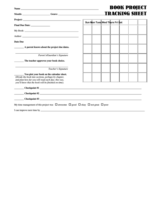 Book Project Tracking Sheet Printable pdf