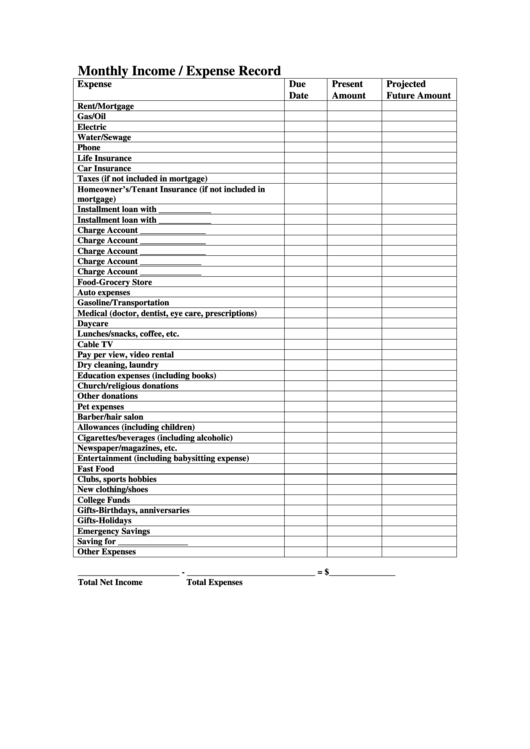 Monthly Income Expense Record Printable pdf