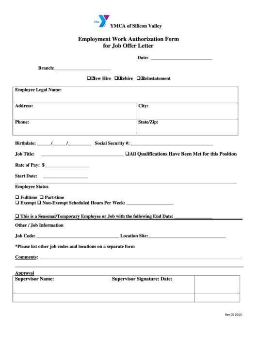 Employment Work Authorization Form For Job Offer Letter Printable pdf