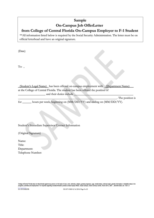 Sample On Campus Job Offer Letter From College Of Central Florida Printable pdf