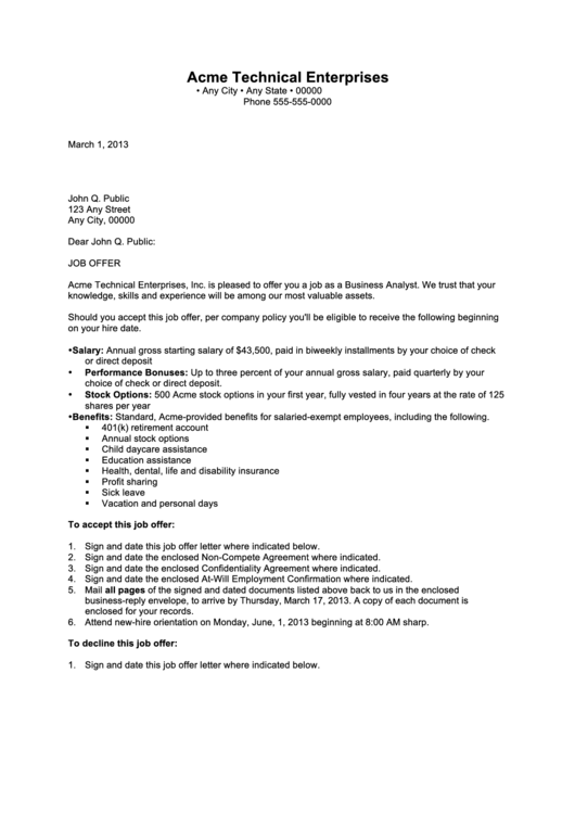 Sample Job Offer Letter - 2013 Senior Conference Printable pdf
