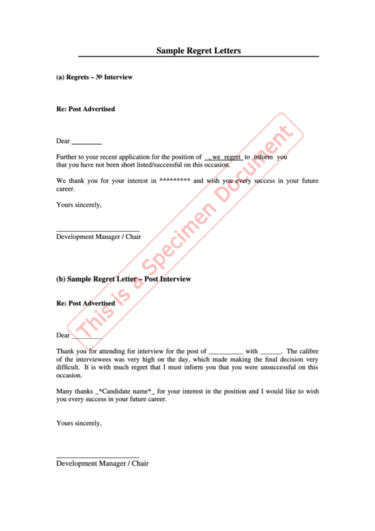 Sample Regret Letters - Employer Resources Printable pdf