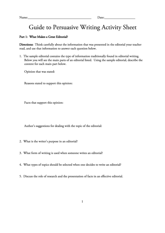 Guide To Persuasive Writing Activity Sheet Printable pdf