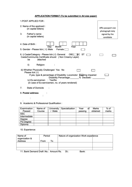 Application Format (To Be Submitted In A4 Size Paper) Printable pdf
