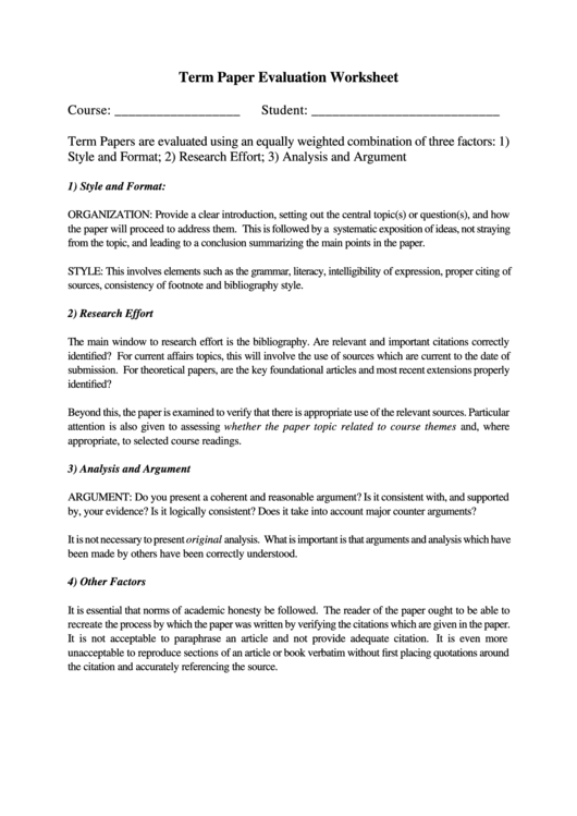 Term Paper Evaluation Worksheet Printable pdf