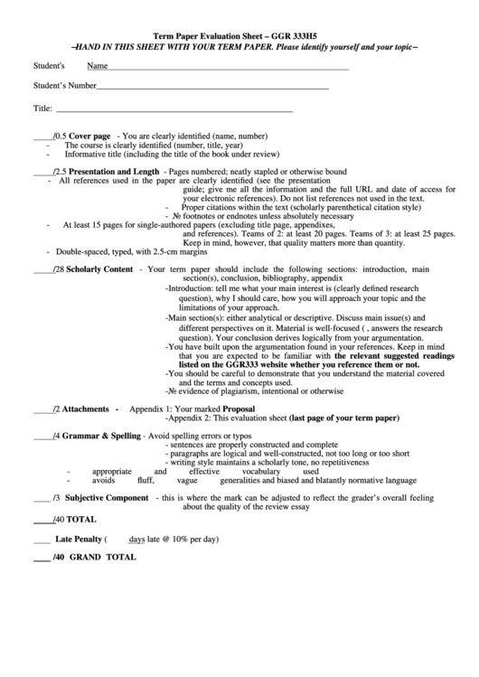 Term Paper Evaluation Sheet Printable pdf