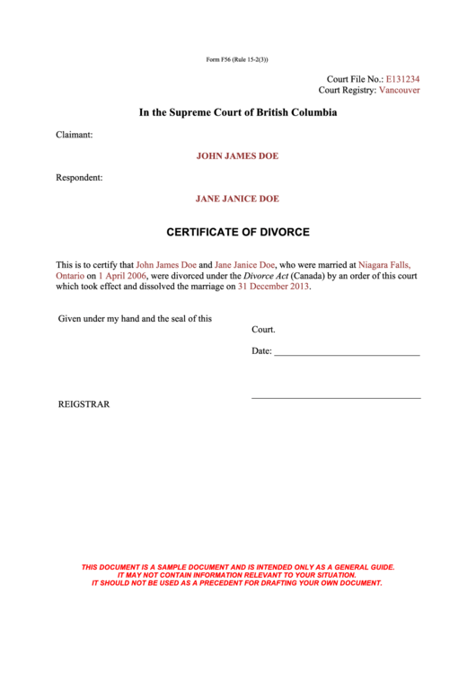 Certificate Of Divorce printable pdf download
