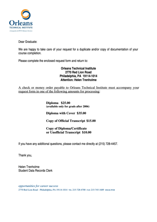 Alumni Document Request Form - Orleans Technical Institute Printable pdf