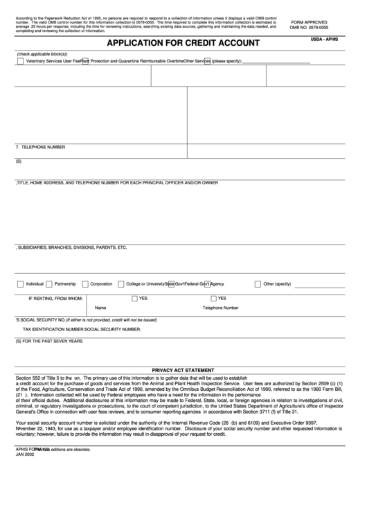Fillable Usda - Aphis Application For Credit Account Printable pdf