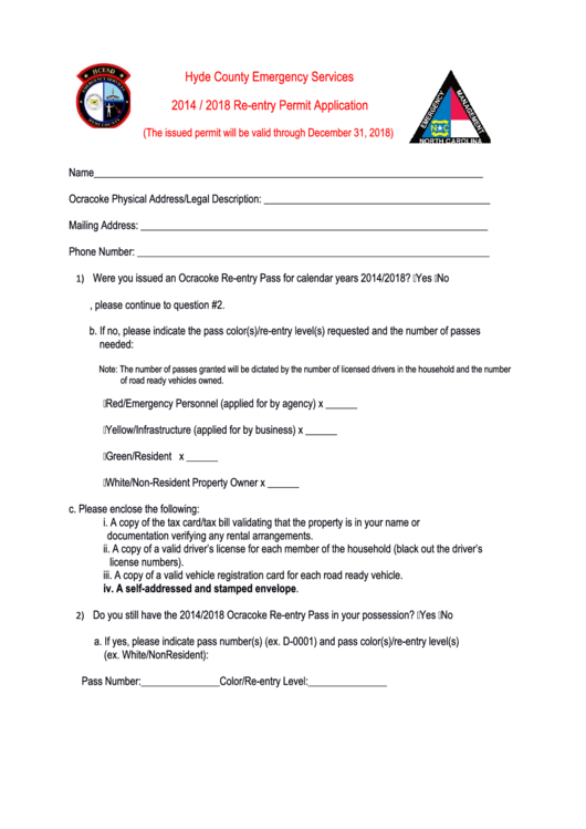 Ocracoke Re-Entry Permit Application - Hyde County - 2014-2018 Printable pdf