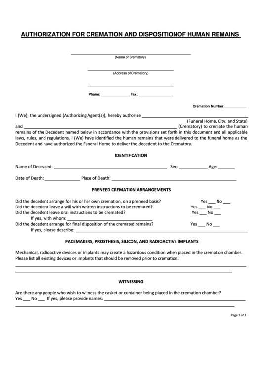 Cremation Authorization Form Printable 5066