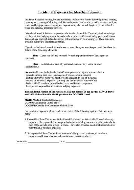 Incidental Expenses For Merchant Seaman Printable pdf