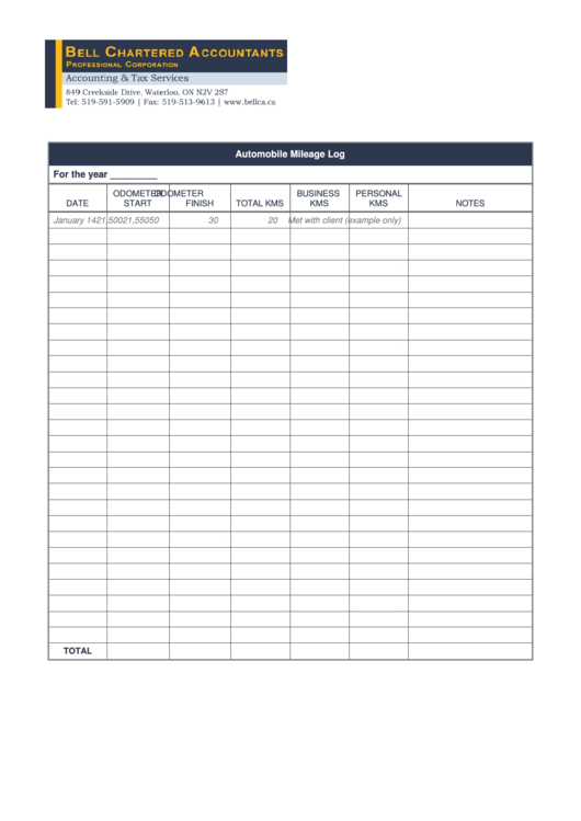 Automobile Mileage Log Sheet Printable pdf