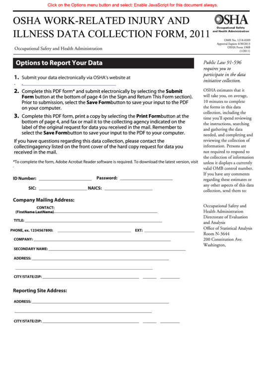 Osha Work-Related Injury And Illness Data Collection Form, 2011 Printable pdf