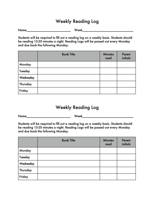 Weekly Reading Log Printable pdf