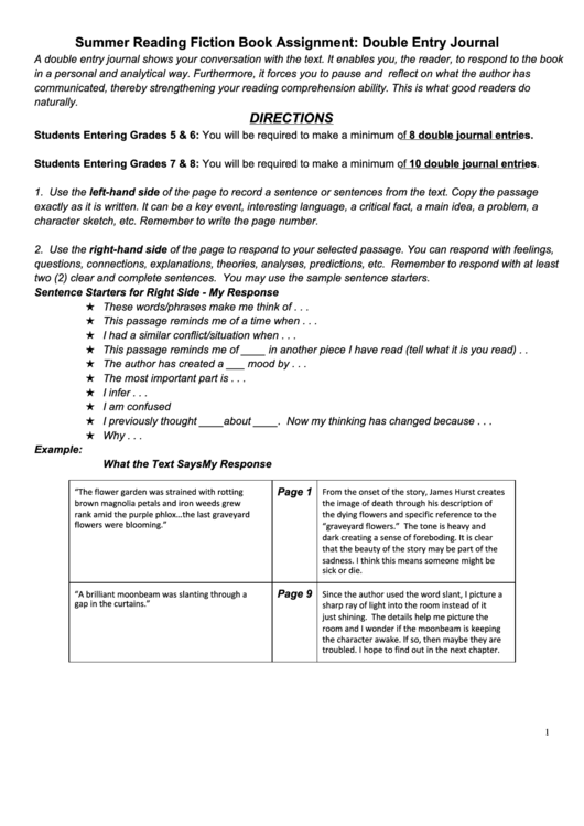 Double Entry Journal Template For Summer Reading Printable pdf