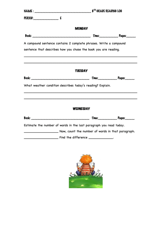 8th Grade Reading Log Printable pdf